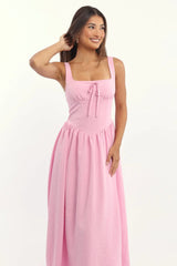Pink Midi Dress Gathered Bust