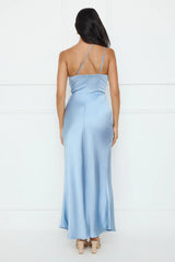 Show You Love One Shoulder Satin Maxi Dress Blue