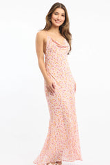 Pink Ditsy Maxi Dress Cowl Neck
