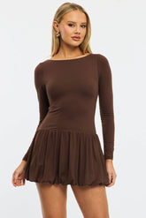 Brown Bubble Mini Dress Long Sleeve