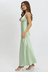 Green Midi Dress Elasticated Shoulder Strap Satin