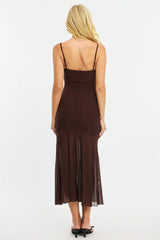 Brown Midi Dress Cut Out Mesh