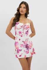 White Floral Mini Dress Strappy Mini Satin