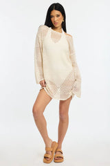 Beige Beach Dress Cover Up Long Sleeve