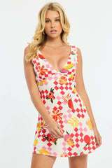 Red Abstract A Line Mini Dress Sleeveless Linen Blend