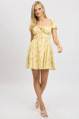 Yellow Floral Fit And Flare Dress Mini