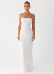Sassafras Beaded Flower Strapless Maxi Dress - White