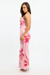 Pink Floral Maxi Dress Cowl Neck