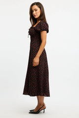 Black Ditsy Midi Dress Puff Sleeve