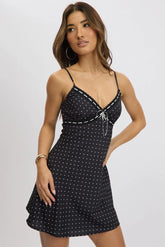 Black Polka Dot Mini Dress V-Neck Strappy