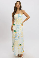 Yellow Abstract Strapless Maxi Dress