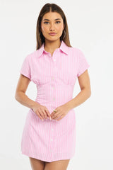 Pink Stripe Mini Dress Collared