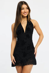 Black Halter Neck Mini Dress Burnout