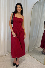 Red Midi Dress Sleeveless Poplin