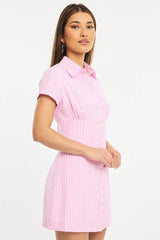 Pink Stripe Mini Dress Collared