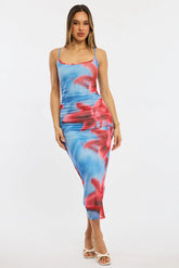 Blue Floral Bodycon Dress Singlet Mesh