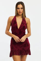 Red Halter Neck Mini Dress Burnout