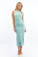 Green Bodycon Dress Round Neck Sleeveless Burnout