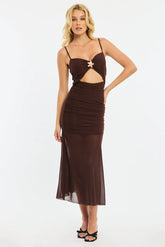 Brown Midi Dress Cut Out Mesh