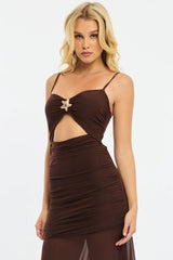 Brown Midi Dress Cut Out Mesh