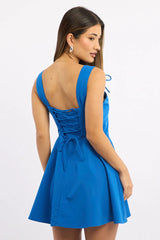 Blue Fit And Flare Dress Ribbon Detail
