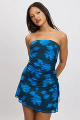 Blue Abstract Strapless Dress Mini Mesh