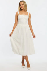 White Midi Dress Gathered Bust Lace Trim