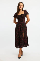 Black Ditsy Midi Dress Puff Sleeve