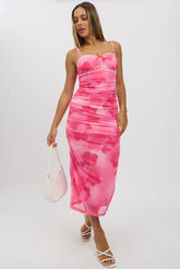 Pink Floral Bodycon Dress Singlet Mesh Midi