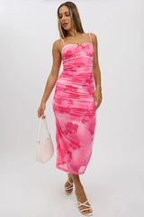 Pink Floral Bodycon Dress Singlet Mesh Midi