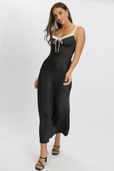 Black Midi Dress Elasticated Shoulder Strap Satin