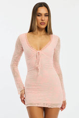 Pink Bodycon Dress Mini Long Sleeve Burnout
