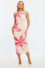 Pink Floral Bodycon Dress Sleeveless Mesh