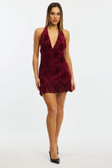 Red Halter Neck Mini Dress Burnout