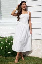 White Midi Dress Gathered Bust Lace Trim