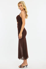 Brown Midi Dress Cut Out Mesh