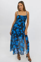 Blue Abstract Midi Dress Gathered Bust