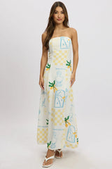 Yellow Abstract Strapless Maxi Dress