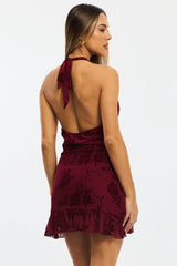 Red Halter Neck Mini Dress Burnout