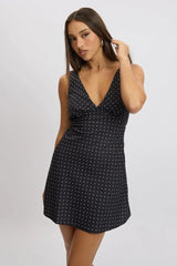 Black Polka Dot A Line Mini Dress Sleeveless