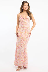 Pink Ditsy Maxi Dress Cowl Neck