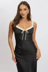 Black Midi Dress Elasticated Shoulder Strap Satin