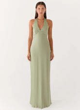 Heavy Hearted Satin Maxi Dress - Sage