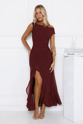 Effortless Story Off Shoulder Mesh Midi Dress Wine