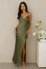 The Sophia Satin Maxi Dress Olive