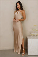 The Delilah Satin Halter Maxi Dress Champagne