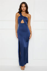 Strong Desire Satin One Shoulder Maxi Dress Navy