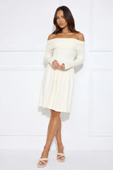 Snowlight Off Shoulder Ribbed Midi Dress Cream