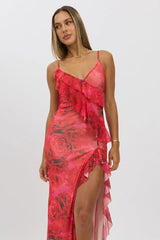 Red Floral Bodycon Dress Ruffle Mesh