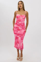 Pink Floral Bodycon Dress Singlet Mesh Midi